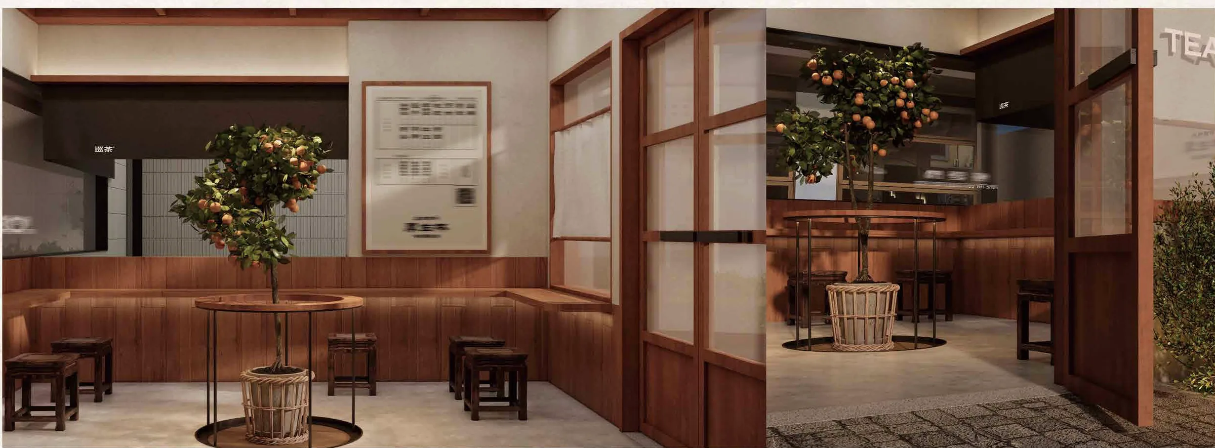Taiwanese Canteen interior render: warm wood walls, persimmon tree and low stools