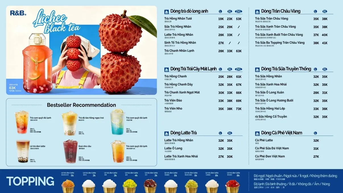 Bảng thực đơn thị trường Việt Nam của R&B TEA: sáu dòng chính, topping và lựa chọn độ ngọt, lượng đá